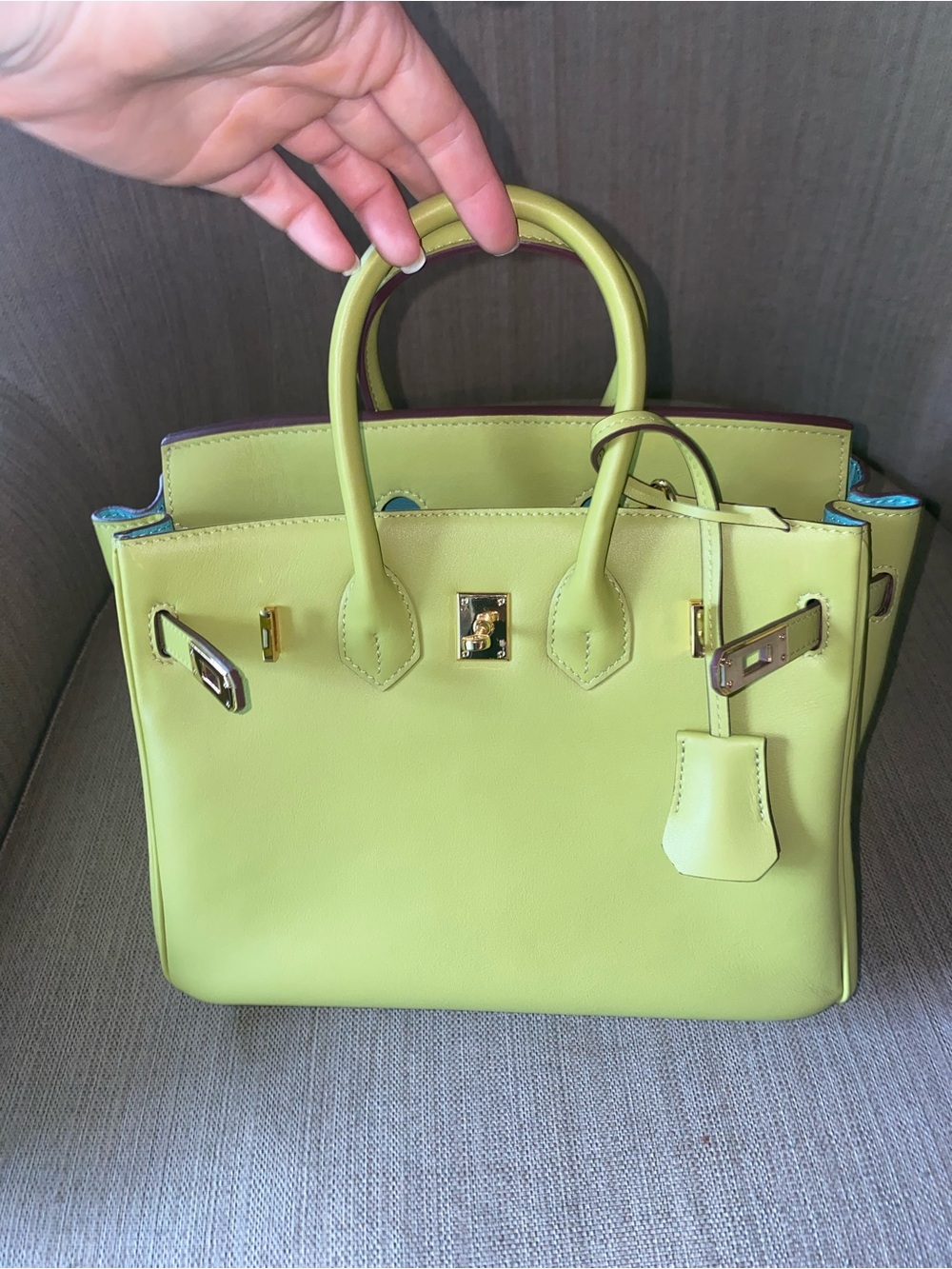 25cm dark lime green blue interior leather top handle handbag bk25
